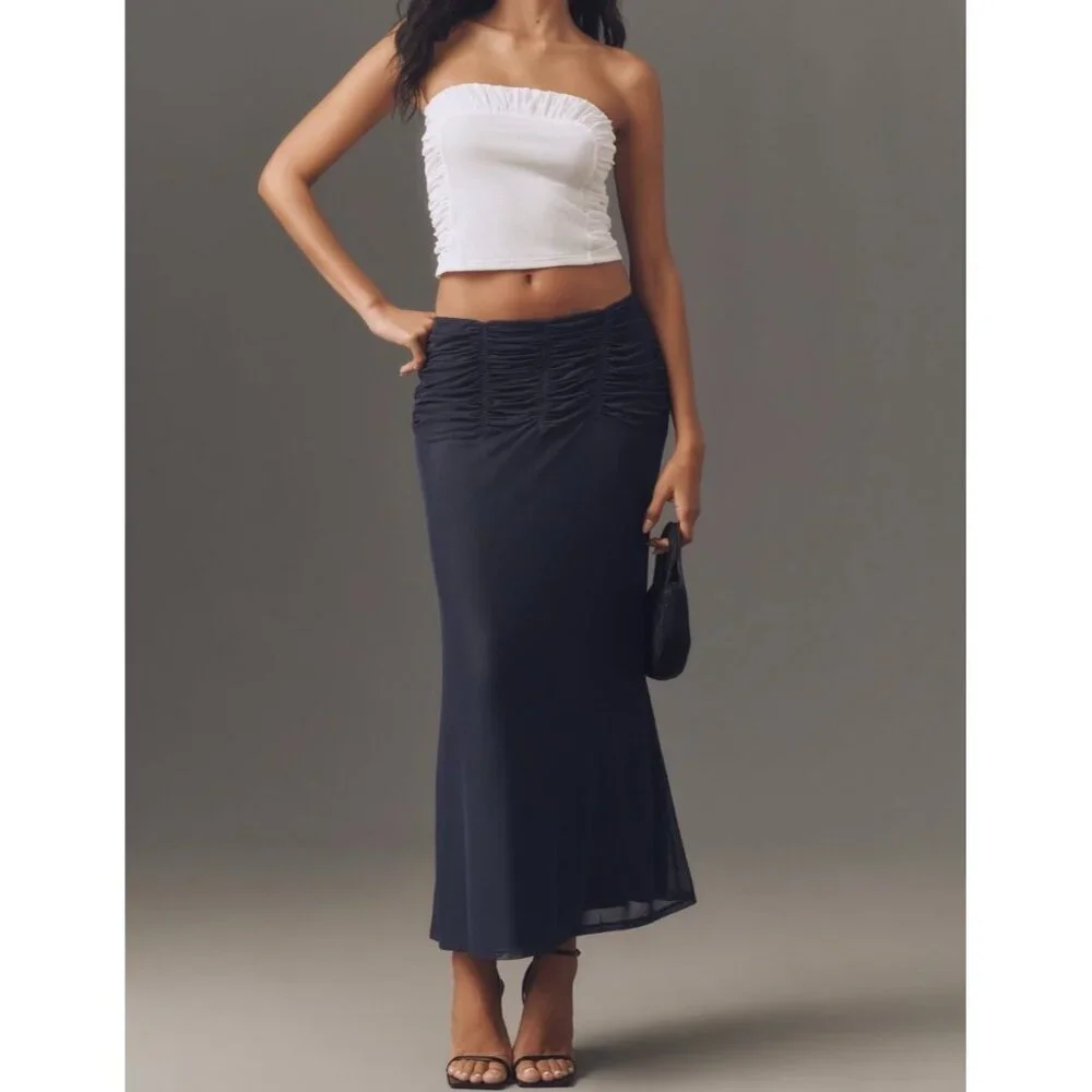 Maeve Anthropologie Ruched Yoke Column Maxi Skirt Size 2X Navy Storm